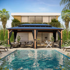 Tonnelle EROMMY à toit rigide, pergola extérieure avec double toit, moustiquaire et rideaux, auvent robuste pour patio, jardin, fête au bord de la piscine