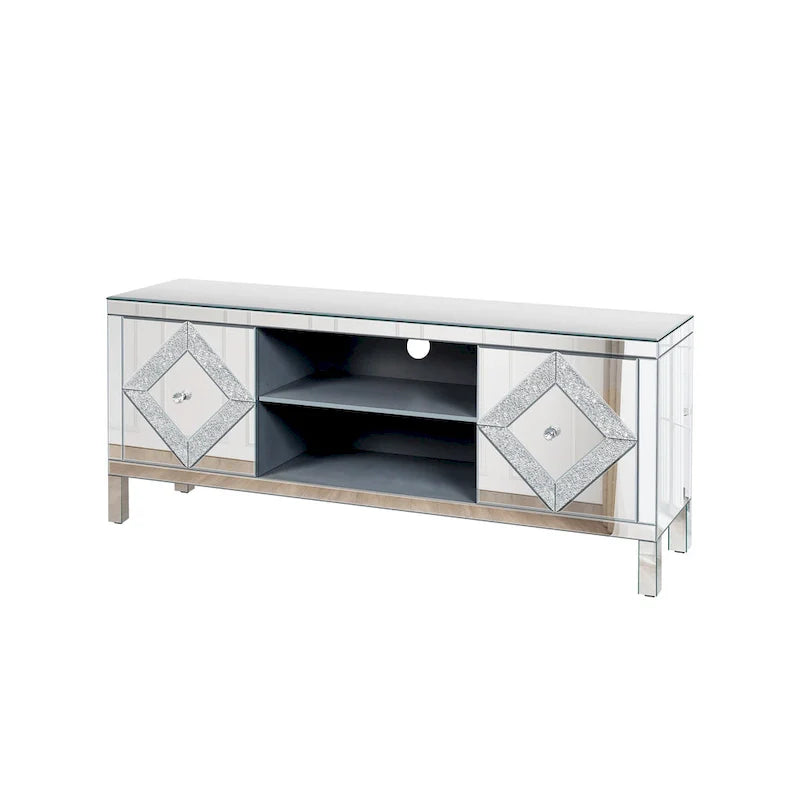 Meuble TV de 150 cm avec portes miroir en losange et rangement pour téléviseurs jusqu'à 65 pouces