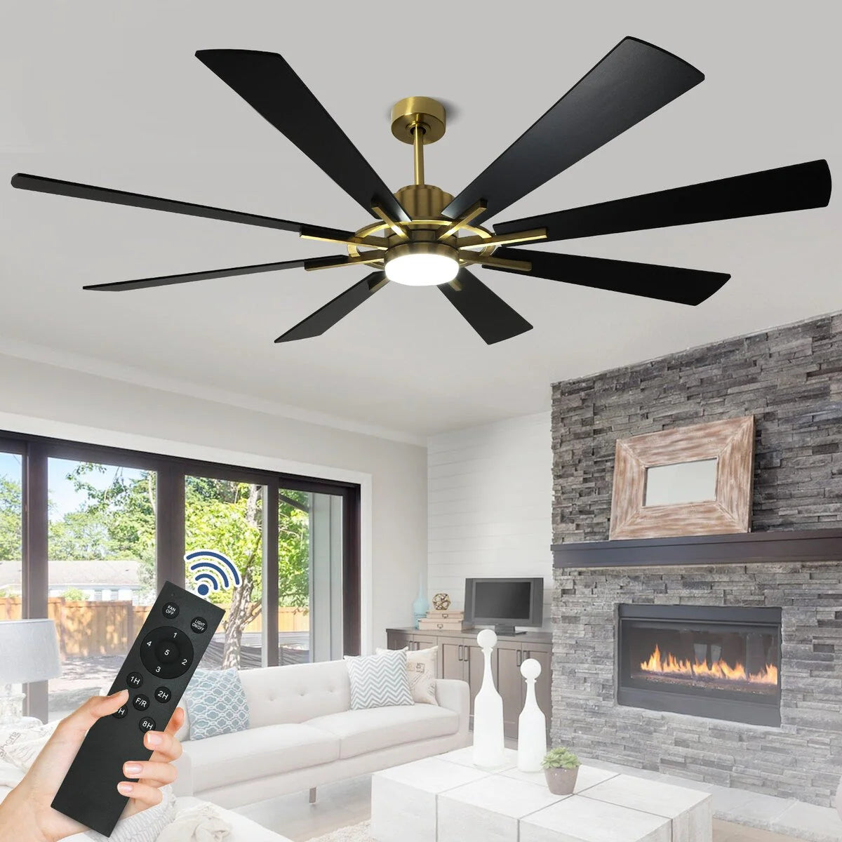 Ventilateur de plafond télécommandé avec lumières, grandes 8 pales en bois