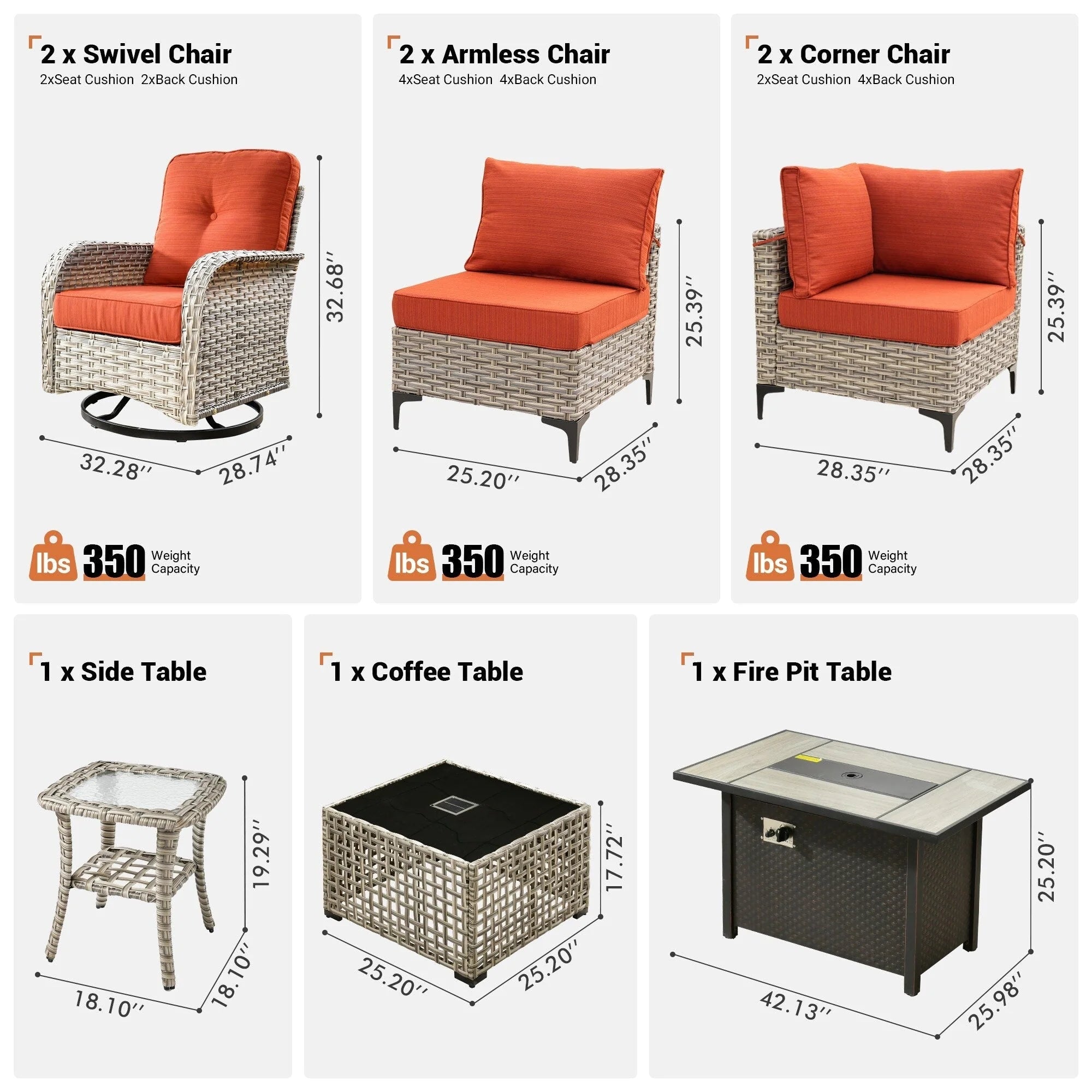 Ensemble de 9 chaises pivotantes en osier d'extérieur OVIOS avec table brasero