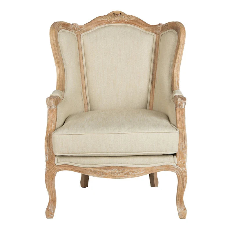 Fauteuil à oreilles Safavieh Couture Kali en chêne et lin naturel - 34 larg. x 34 prof. x 40 haut.