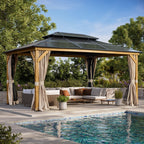 Tonnelle EROMMY à toit rigide, pergola extérieure avec double toit, moustiquaire et rideaux, auvent robuste pour patio, jardin, fête au bord de la piscine