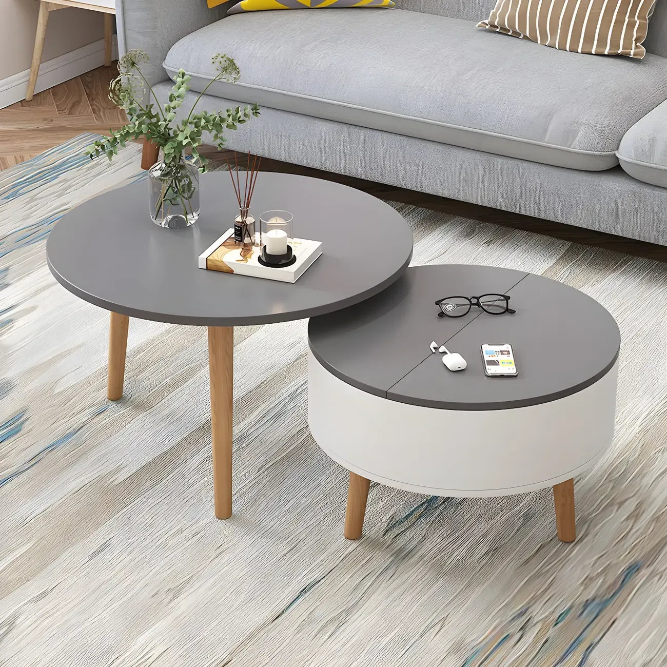 Table basse ronde moderne en bois noir et blanc avec rangement