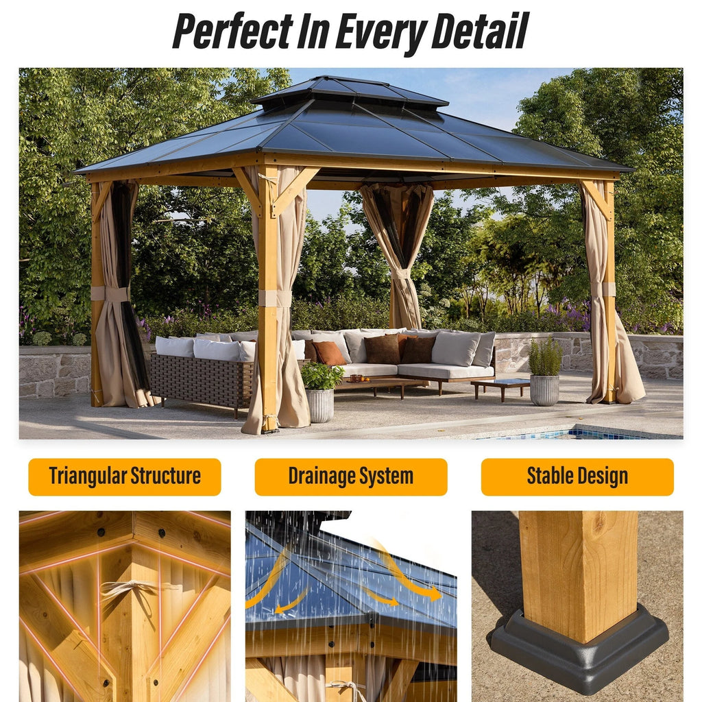 Tonnelle EROMMY à toit rigide, pergola extérieure avec double toit, moustiquaire et rideaux, auvent robuste pour patio, jardin, fête au bord de la piscine