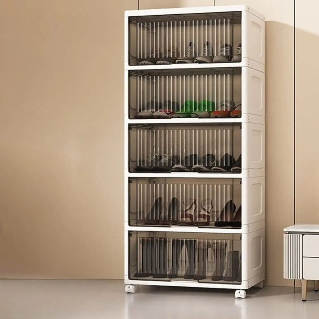 Meuble à chaussures blanc en plastique avec abattant et roulettes pour couloir