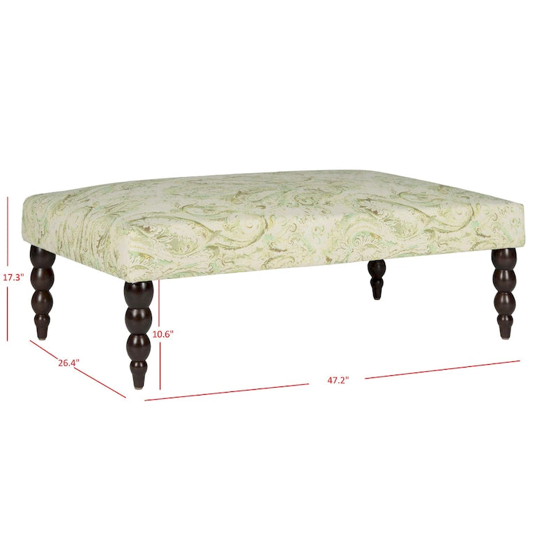 Banc ottoman rembourré en viscose et lin à motif cachemire vert avec pieds en bouleau expresso, 1 place