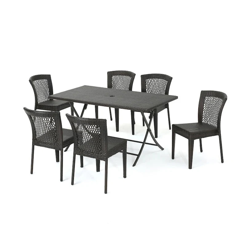 Ensemble de salle à manger rectangulaire pliant en osier 7 pièces Pilar Outdoor avec trou pour parasol par Christopher Knight Home