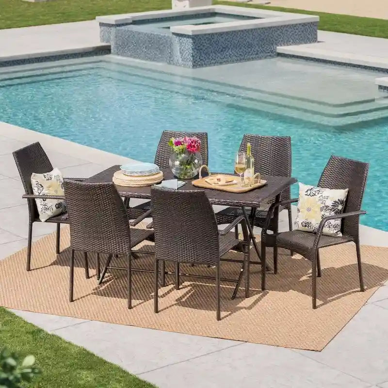 Ensemble de salle à manger rectangulaire pliant 7 pièces en osier avec trou pour parasol April Outdoor de Christopher Knight Home - N/A
