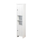 Meuble haut de rangement blanc en MDF, étroit, autoportant, avec 2 portes, 6 étagères et 2 compartiments ouverts