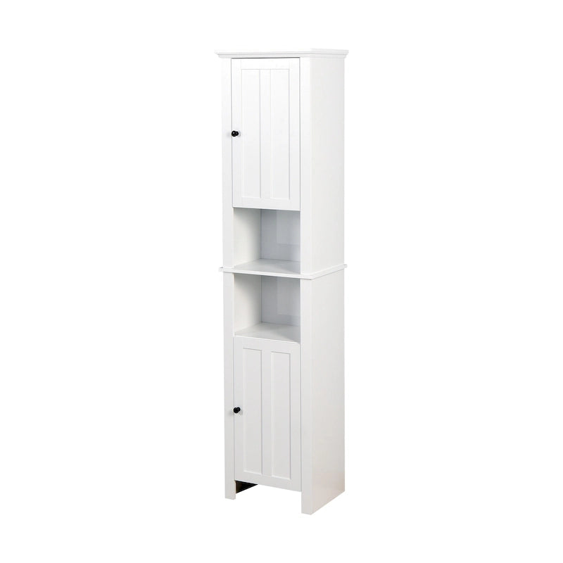 Meuble haut de rangement blanc en MDF, étroit, autoportant, avec 2 portes, 6 étagères et 2 compartiments ouverts