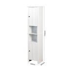 Meuble haut de rangement blanc en MDF, étroit, autoportant, avec 2 portes, 6 étagères et 2 compartiments ouverts