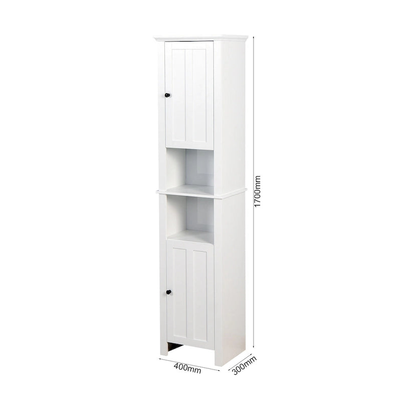Meuble haut de rangement blanc en MDF, étroit, autoportant, avec 2 portes, 6 étagères et 2 compartiments ouverts