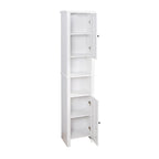Meuble haut de rangement blanc en MDF, étroit, autoportant, avec 2 portes, 6 étagères et 2 compartiments ouverts