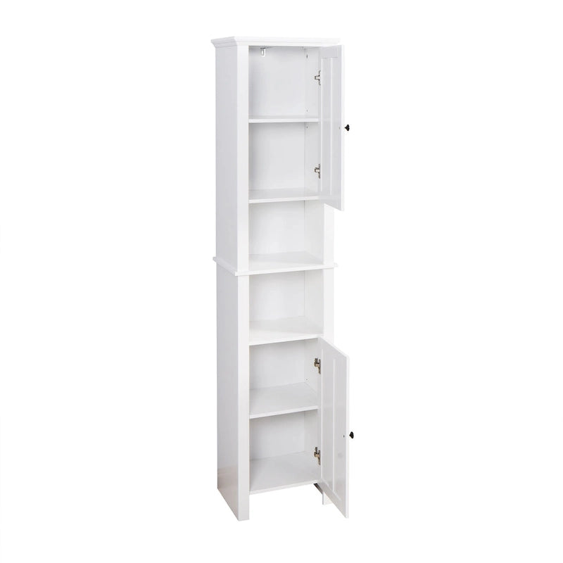 Meuble haut de rangement blanc en MDF, étroit, autoportant, avec 2 portes, 6 étagères et 2 compartiments ouverts