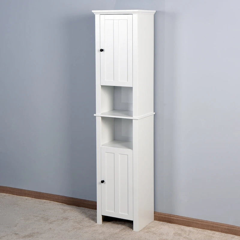 Meuble haut de rangement blanc en MDF, étroit, autoportant, avec 2 portes, 6 étagères et 2 compartiments ouverts