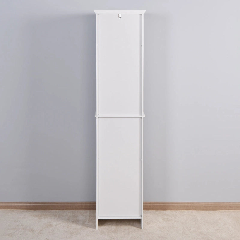 Meuble haut de rangement blanc en MDF, étroit, autoportant, avec 2 portes, 6 étagères et 2 compartiments ouverts