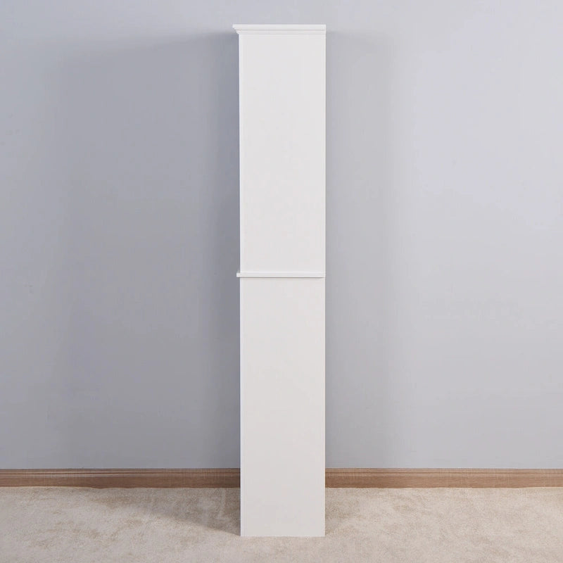 Meuble haut de rangement blanc en MDF, étroit, autoportant, avec 2 portes, 6 étagères et 2 compartiments ouverts