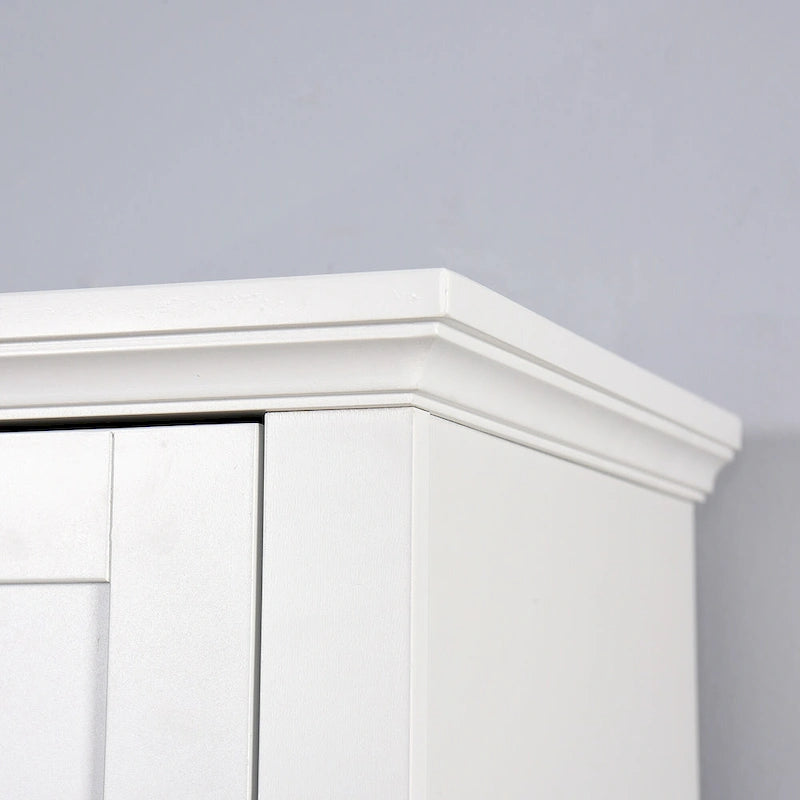 Meuble haut de rangement blanc en MDF, étroit, autoportant, avec 2 portes, 6 étagères et 2 compartiments ouverts