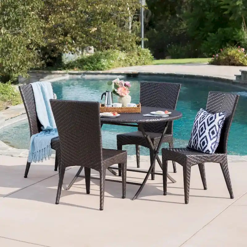 Avery Outdoor 5-Piece Round Foldable Wicker Dining Set with Umbrella Hole by Christopher Knight Home