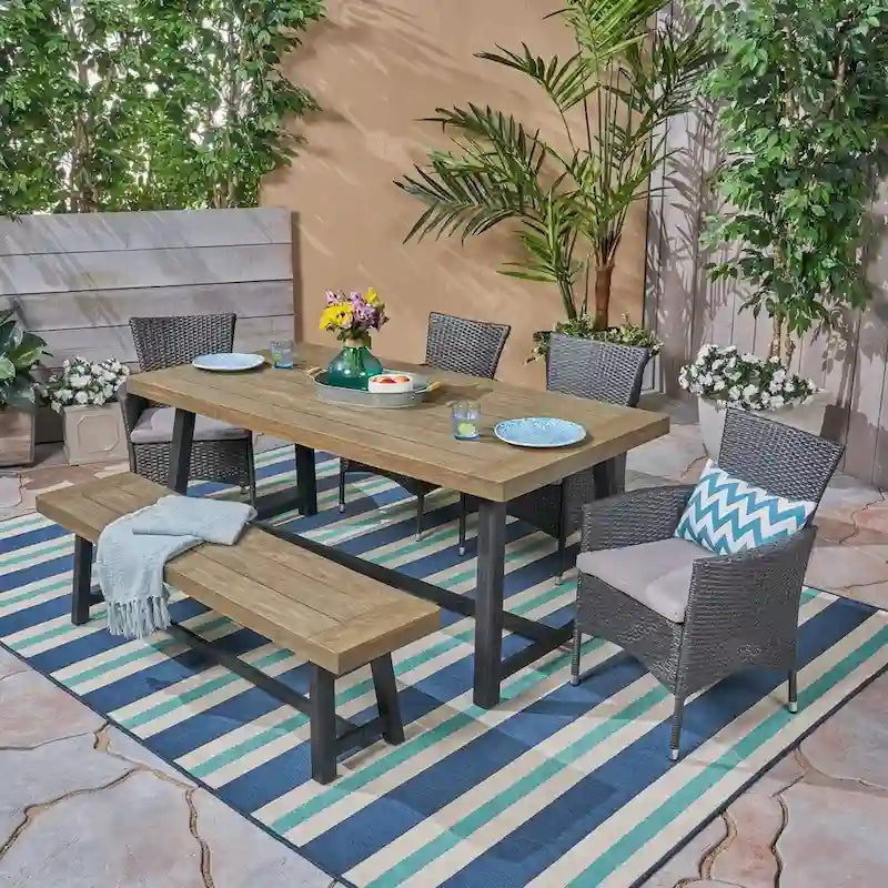Ensemble de salle à manger d'extérieur 6 pièces en bois et osier avec chaises et banc Boden par Christopher Knight Home