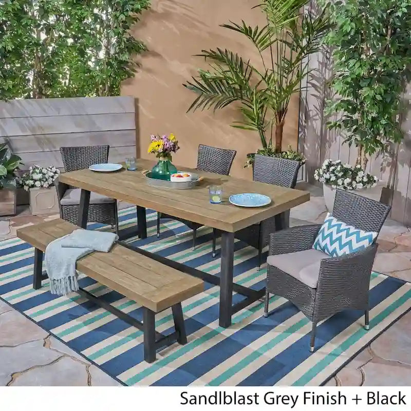 Ensemble de salle à manger d'extérieur 6 pièces en bois et osier avec chaises et banc Boden par Christopher Knight Home