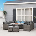 Outsunny Ensemble de 6 canapés de terrasse en osier avec table basse en plastique imitation bois et coussins, gris chiné - 174 x 61 x 71,7 cm