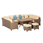 Outsunny Ensemble de 6 canapés de terrasse en osier avec table basse en plastique imitation bois et coussins, gris chiné - 174 x 61 x 71,7 cm