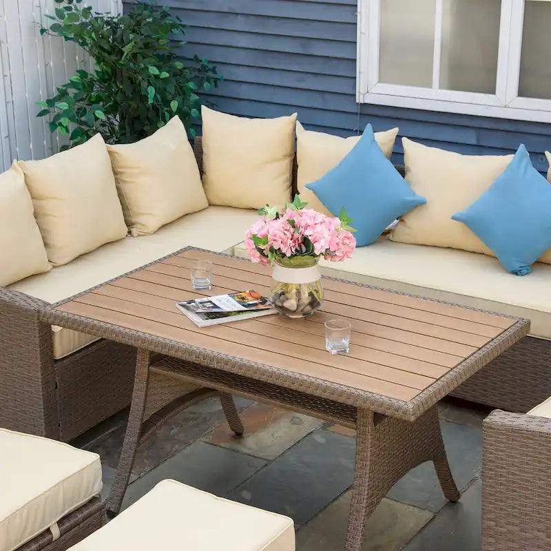 Outsunny Ensemble de 6 canapés de terrasse en osier avec table basse en plastique imitation bois et coussins, gris chiné - 174 x 61 x 71,7 cm
