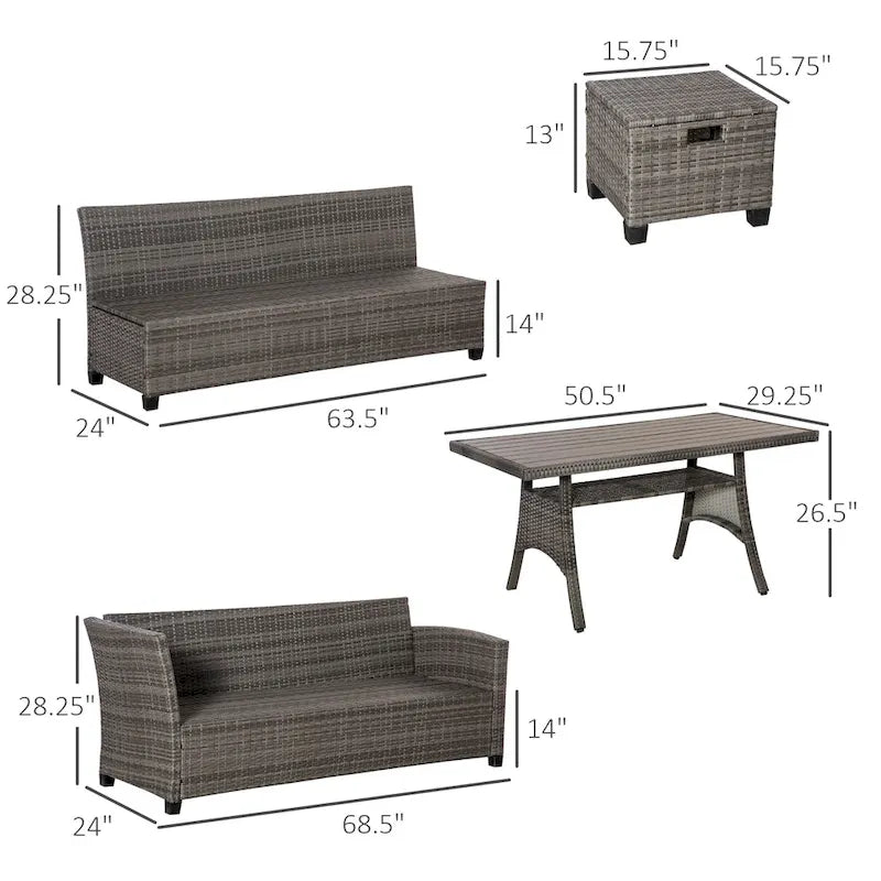 Outsunny Ensemble de 6 canapés de terrasse en osier avec table basse en plastique imitation bois et coussins, gris chiné - 174 x 61 x 71,7 cm
