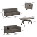 Outsunny Ensemble de 6 canapés de terrasse en osier avec table basse en plastique imitation bois et coussins, gris chiné - 174 x 61 x 71,7 cm
