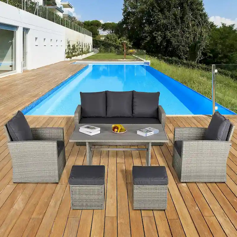 Outsunny Ensemble de 6 pièces de salle à manger de patio extérieur, ensemble de meubles de chaise de canapé en rotin PE tout temps, intérieur/extérieur avec coussins