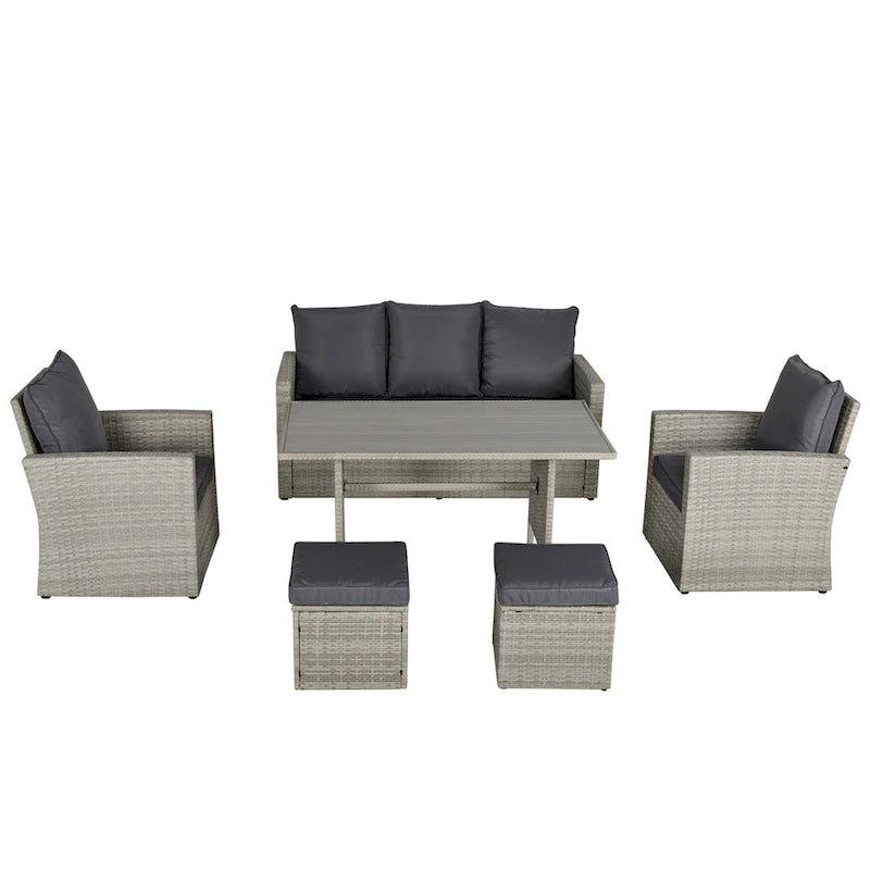Outsunny Ensemble de 6 pièces de salle à manger de patio extérieur, ensemble de meubles de chaise de canapé en rotin PE tout temps, intérieur/extérieur avec coussins