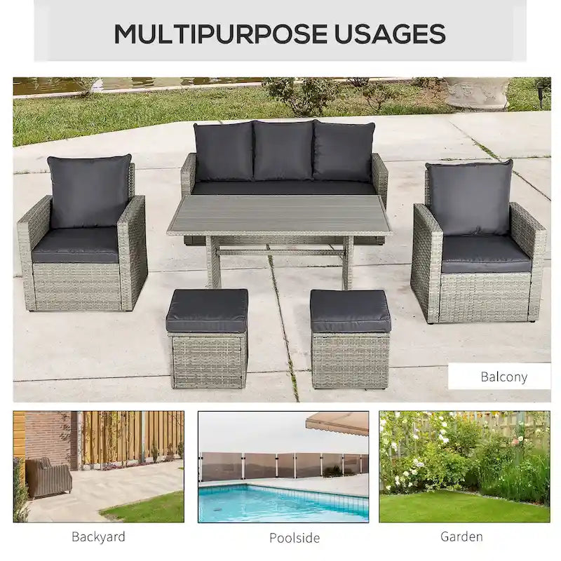 Outsunny Ensemble de 6 pièces de salle à manger de patio extérieur, ensemble de meubles de chaise de canapé en rotin PE tout temps, intérieur/extérieur avec coussins