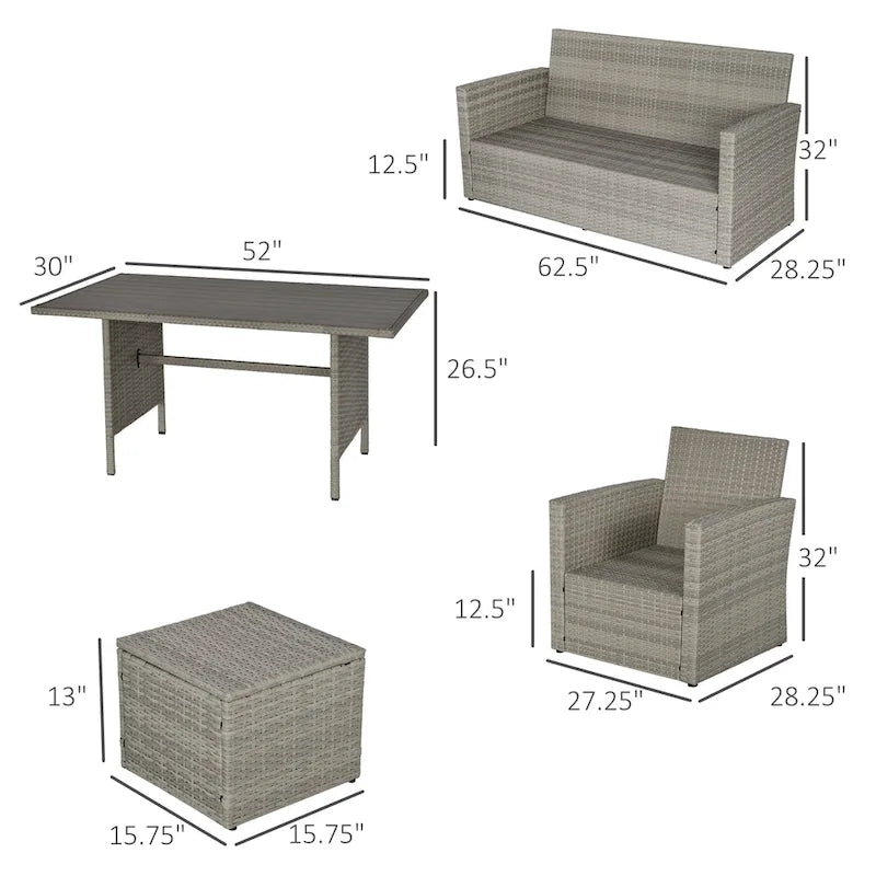 Outsunny Ensemble de 6 pièces de salle à manger de patio extérieur, ensemble de meubles de chaise de canapé en rotin PE tout temps, intérieur/extérieur avec coussins