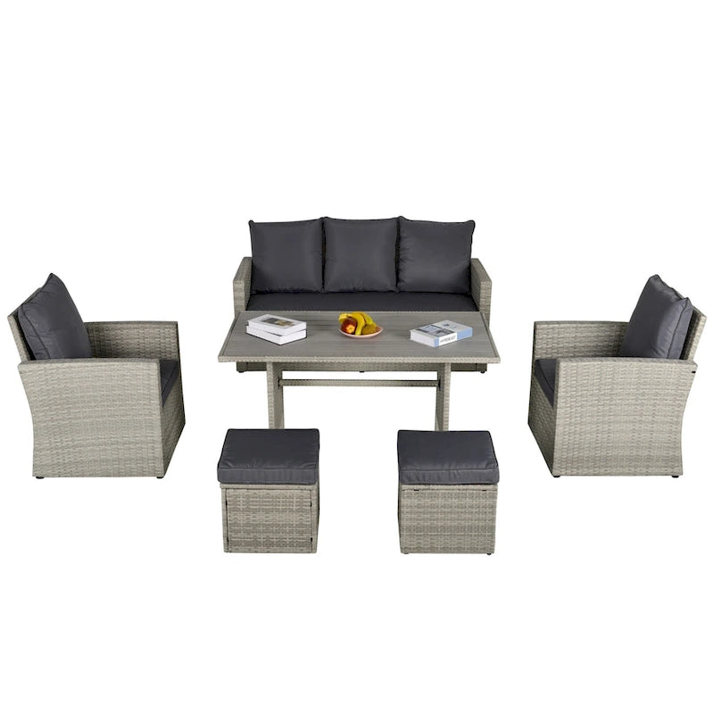 Outsunny Ensemble de 6 pièces de salle à manger de patio extérieur, ensemble de meubles de chaise de canapé en rotin PE tout temps, intérieur/extérieur avec coussins