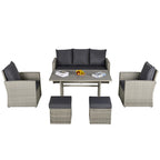 Outsunny Ensemble de 6 pièces de salle à manger de patio extérieur, ensemble de meubles de chaise de canapé en rotin PE tout temps, intérieur/extérieur avec coussins