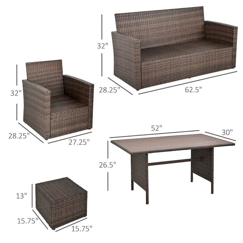 Outsunny Ensemble de 6 pièces de salle à manger de patio extérieur, ensemble de meubles de chaise de canapé en rotin PE tout temps, intérieur/extérieur avec coussins