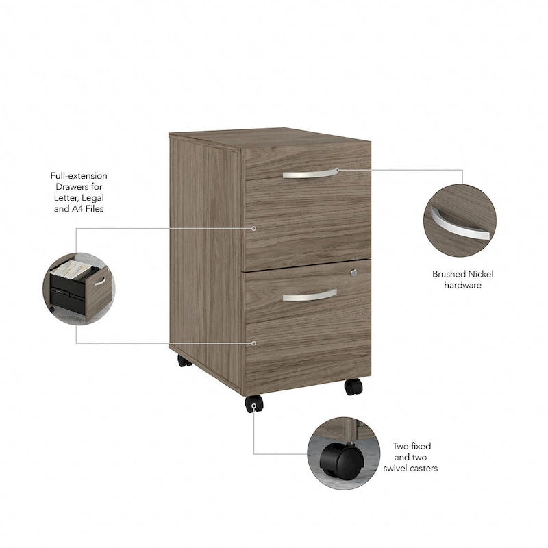 Classeur mobile Noyer Hickory/Gris/Blanc avec 2 tiroirs verrouillables et roulettes doubles