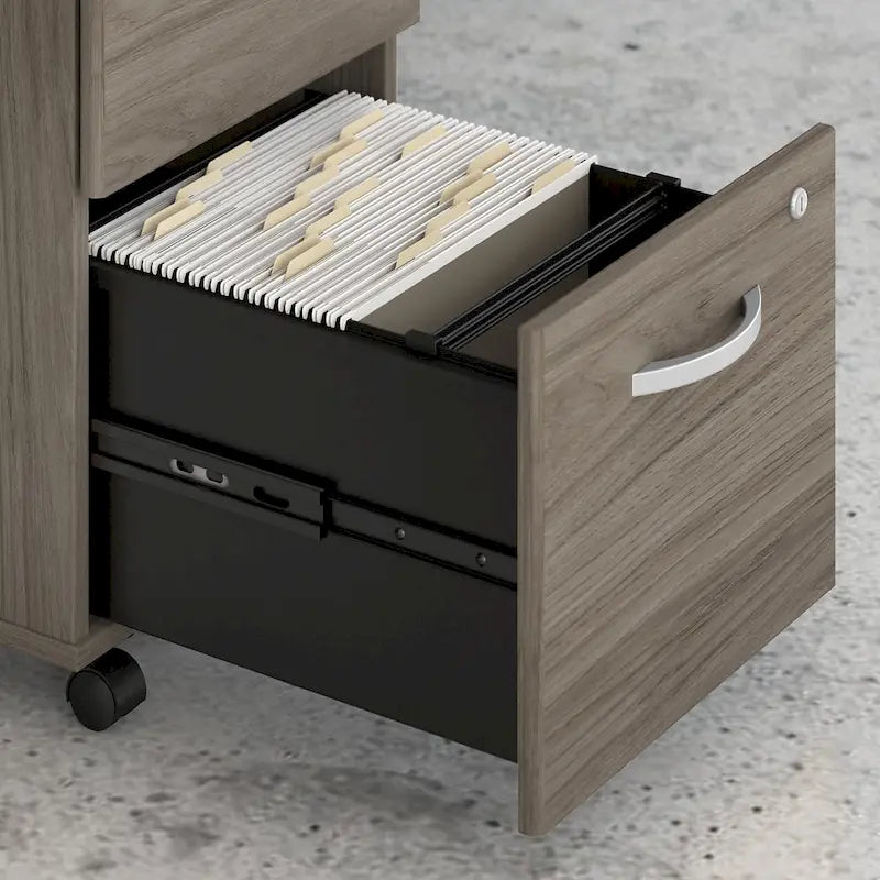 Classeur mobile Noyer Hickory/Gris/Blanc avec 2 tiroirs verrouillables et roulettes doubles