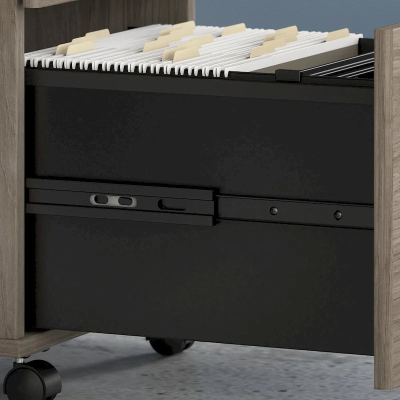 Classeur mobile Noyer Hickory/Gris/Blanc avec 2 tiroirs verrouillables et roulettes doubles