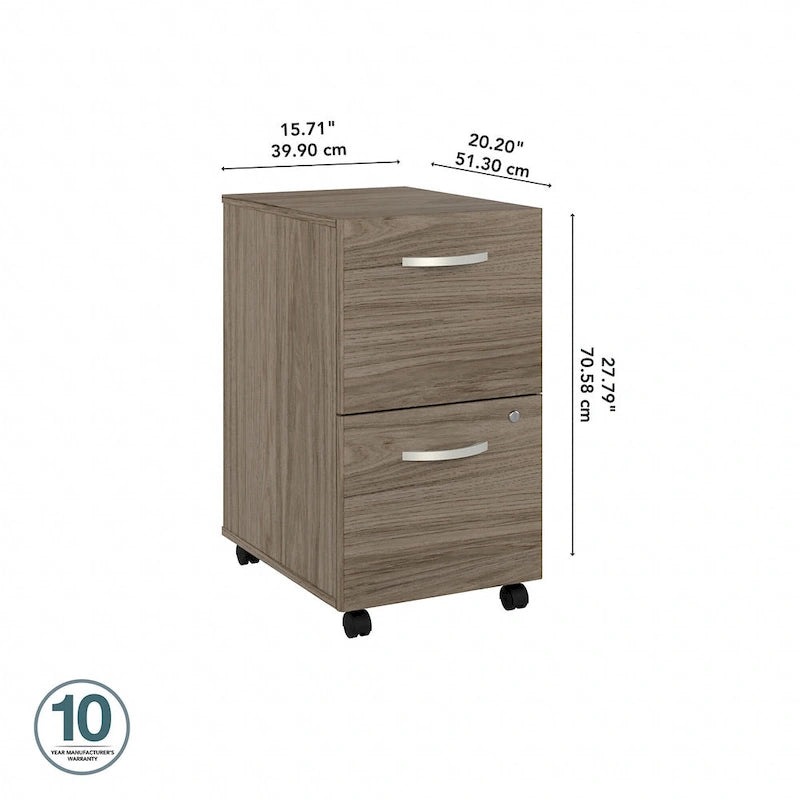 Classeur mobile Noyer Hickory/Gris/Blanc avec 2 tiroirs verrouillables et roulettes doubles