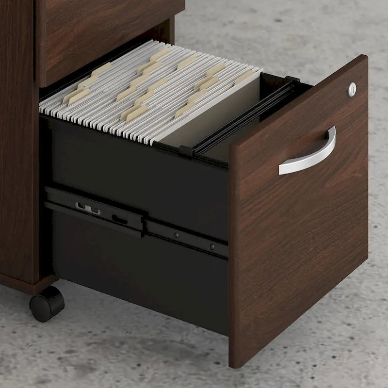 Classeur mobile Noyer Hickory/Gris/Blanc avec 2 tiroirs verrouillables et roulettes doubles