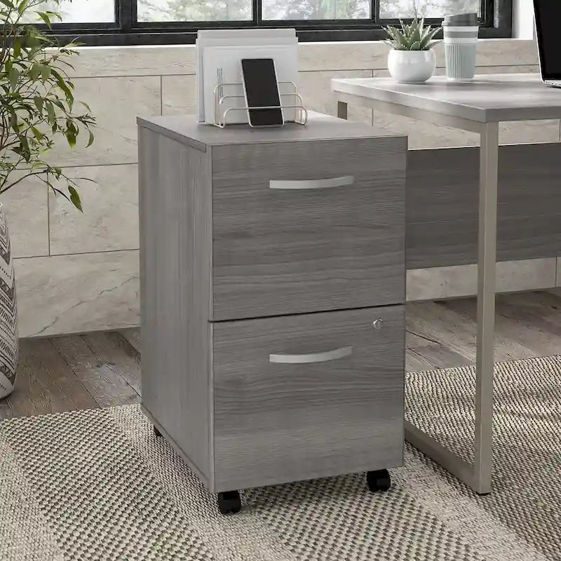Classeur mobile Noyer Hickory/Gris/Blanc avec 2 tiroirs verrouillables et roulettes doubles