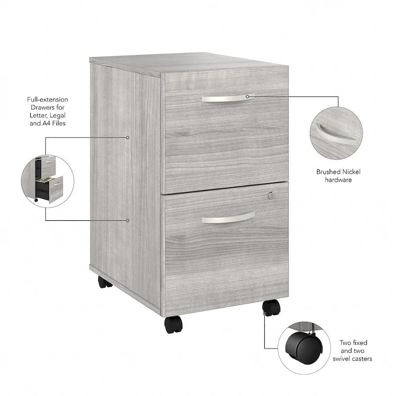 Classeur mobile Noyer Hickory/Gris/Blanc avec 2 tiroirs verrouillables et roulettes doubles