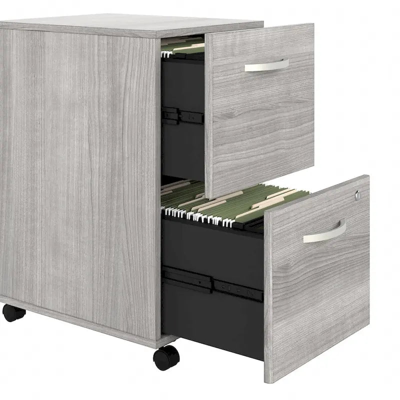 Classeur mobile Noyer Hickory/Gris/Blanc avec 2 tiroirs verrouillables et roulettes doubles