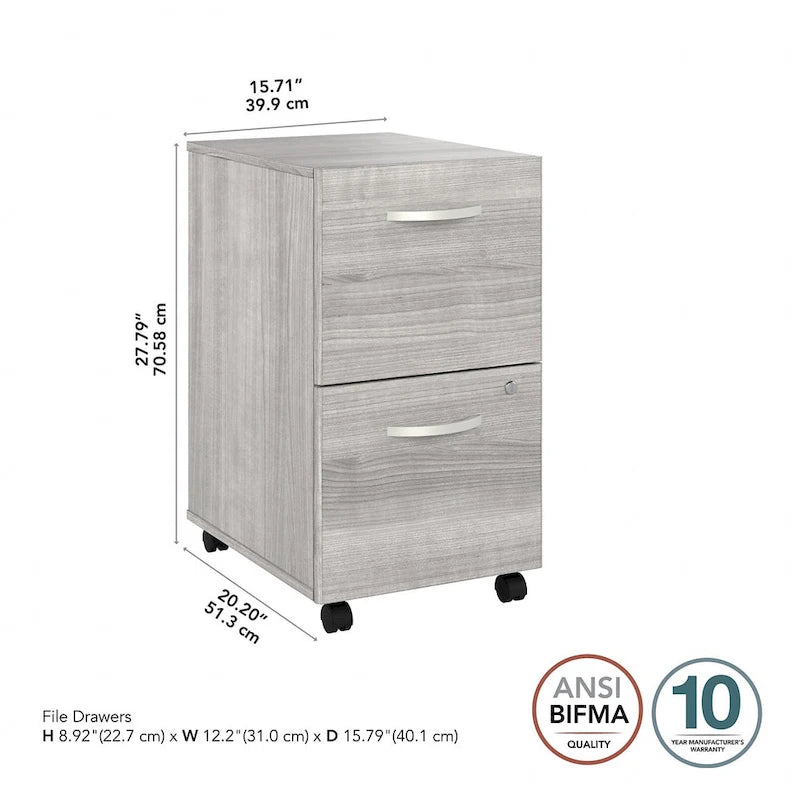 Classeur mobile Noyer Hickory/Gris/Blanc avec 2 tiroirs verrouillables et roulettes doubles