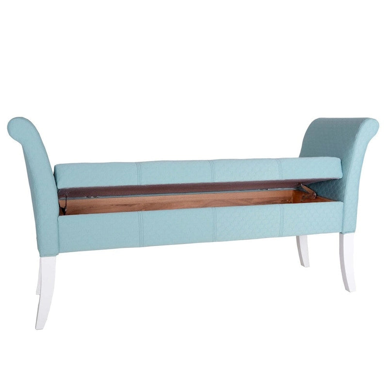 Banc de rangement capitonné en tissu bleu/gris/jaune avec accoudoirs ailés