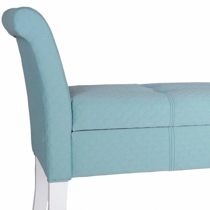 Banc de rangement capitonné en tissu bleu/gris/jaune avec accoudoirs ailés