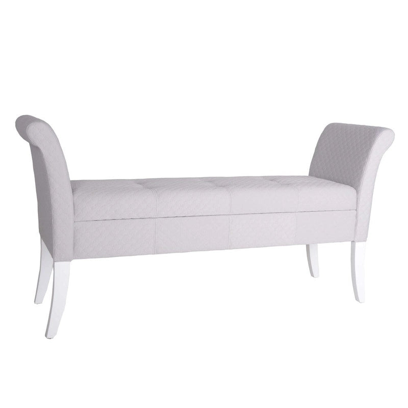 Banc de rangement capitonné en tissu bleu/gris/jaune avec accoudoirs ailés