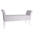 Banc de rangement capitonné en tissu bleu/gris/jaune avec accoudoirs ailés